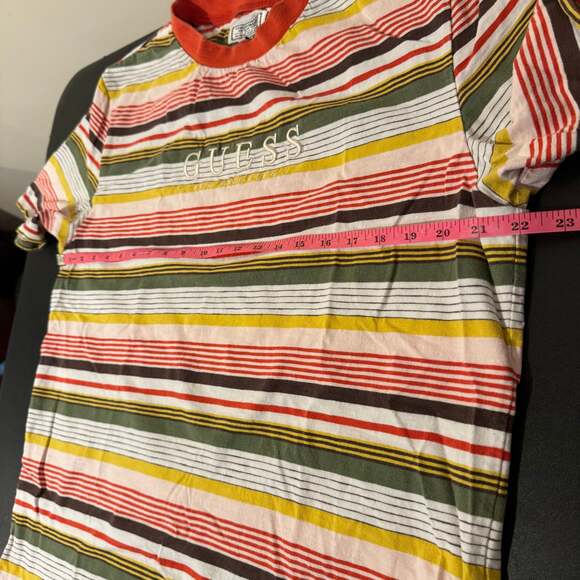 Vintage 90s Guess Originals Los Angeles Striped Embroidered Spell Out T-Shirt - Picture 4 of 5